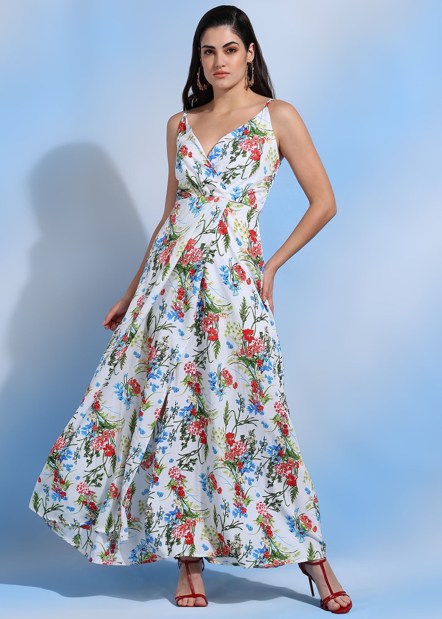 Women Floral Print V-Neck Spaghetti Strap Maxi Dress Summer Beach Outfit