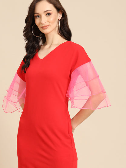 Red Mini Dress with Pink Organza Ruffle Sleeves – Bold & Trendy Party Outfit for Women