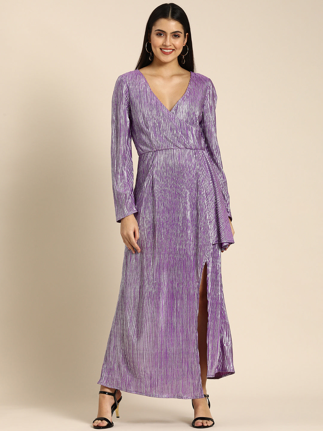 Purple Metallic Shimmer Maxi Dress with Long Sleeves & Front Slit Party Wear Glam