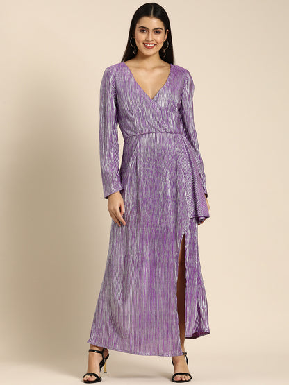 Purple Metallic Shimmer Maxi Dress with Long Sleeves & Front Slit Party Wear Glam