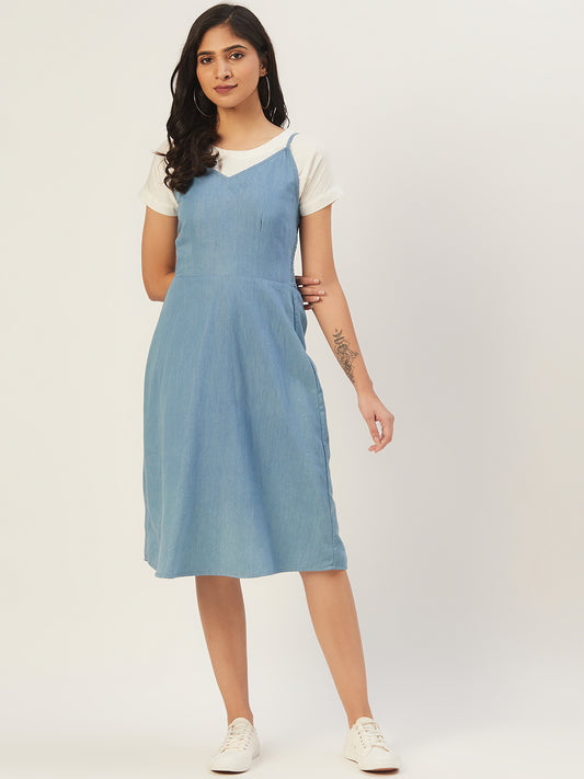 Blue Denim Pinafore Dress with White T-Shirt for Women – Casual Layered Midi Dress
