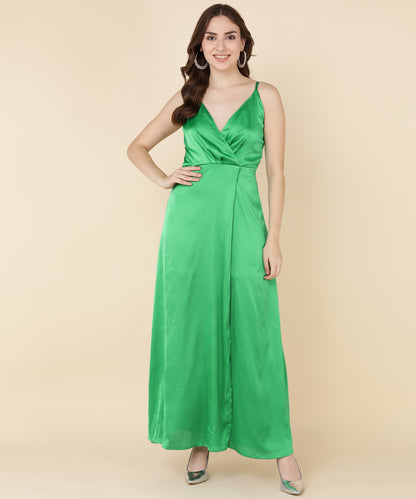 Glam Green Satin Wrap Gown Dress for Evening Party