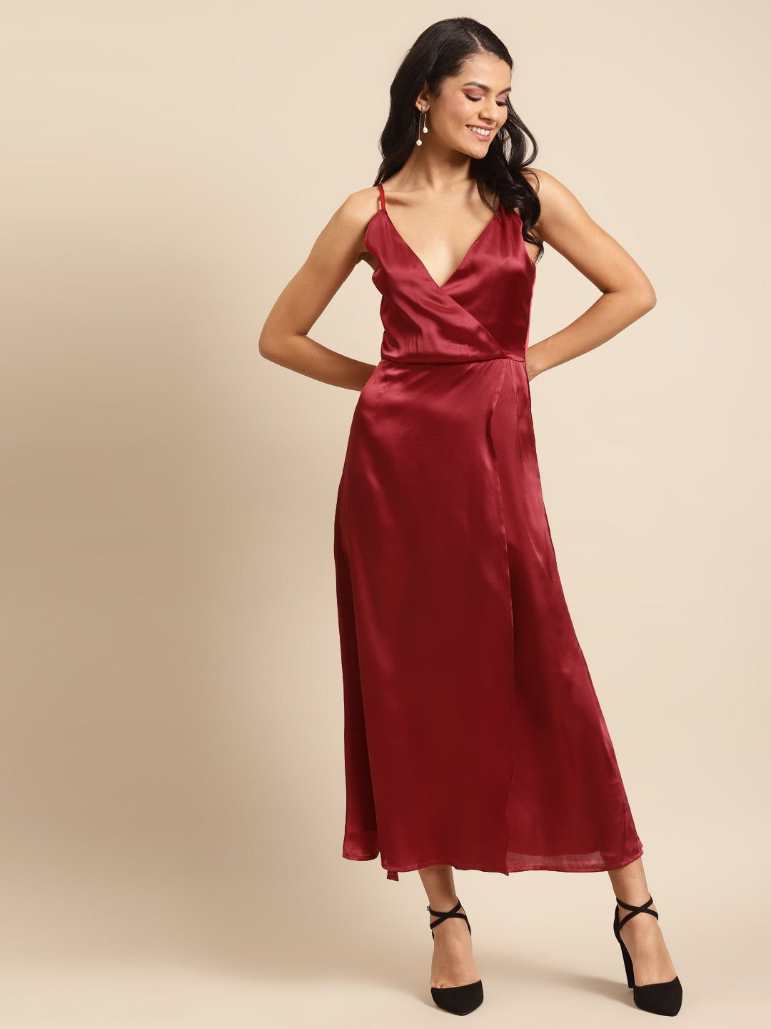 Wine Red Satin Wrap Dress for Women | Spaghetti Strap Midi Dress for Parties