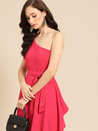 Elegant One-Shoulder Pink Midi Dress with Waist Tie – Perfect for Parties & Events