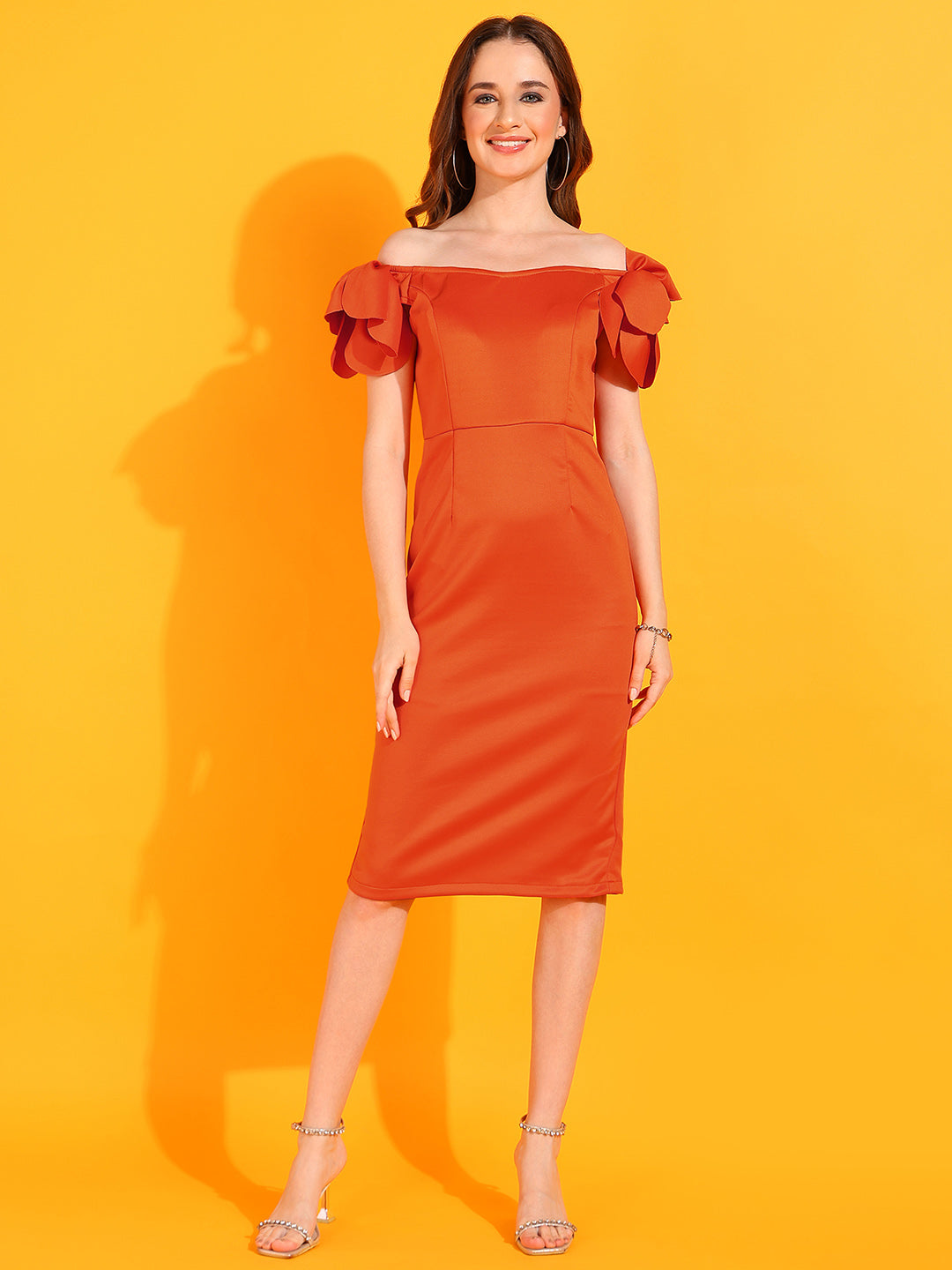 Women’s Orange Off-Shoulder Bodycon Midi Dress with Ruffle Sleeves