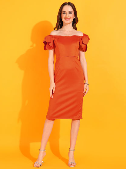 Women’s Orange Off-Shoulder Bodycon Midi Dress with Ruffle Sleeves