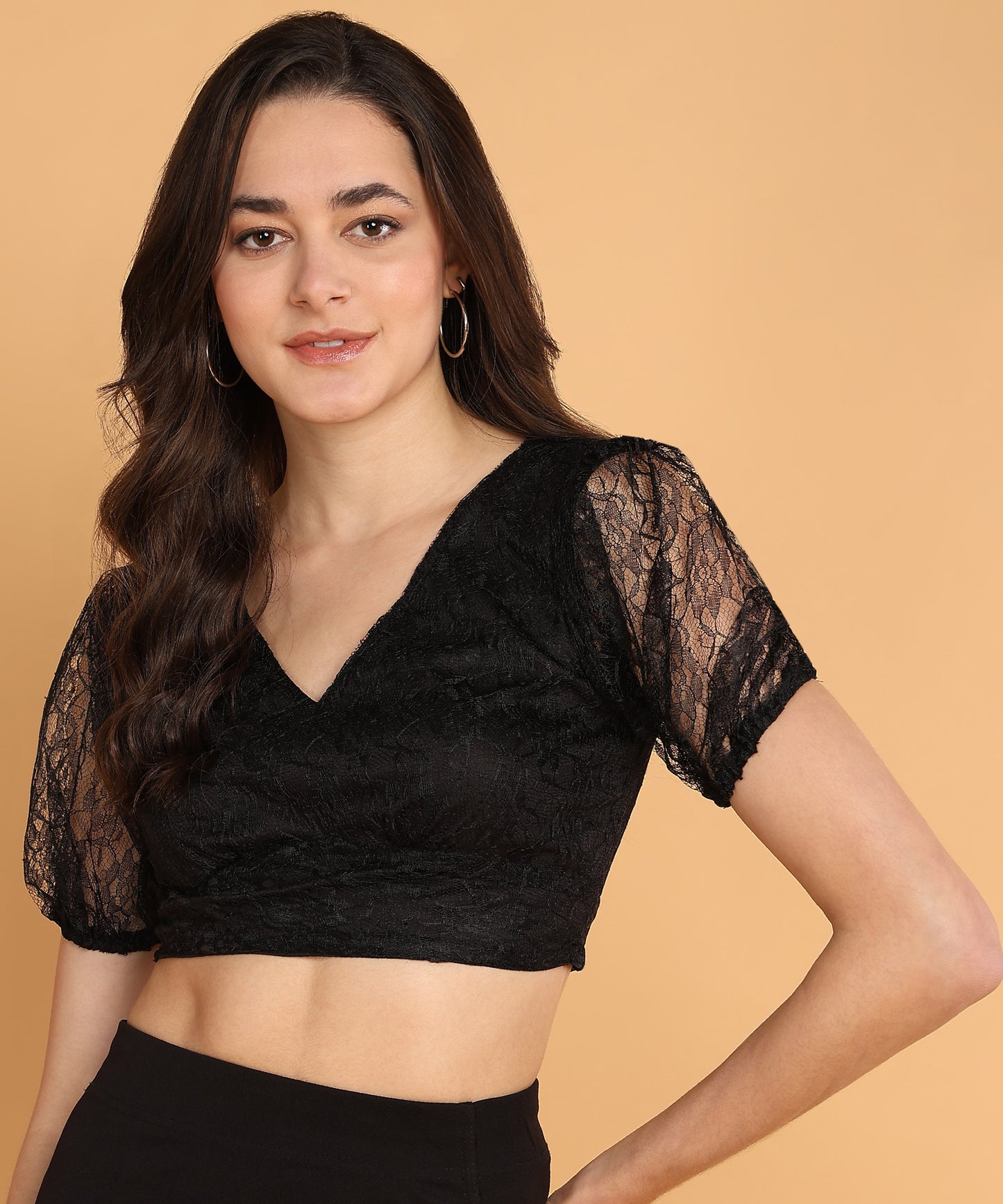 Black Lace Puff Sleeve Crop Top for Women with V-Neck