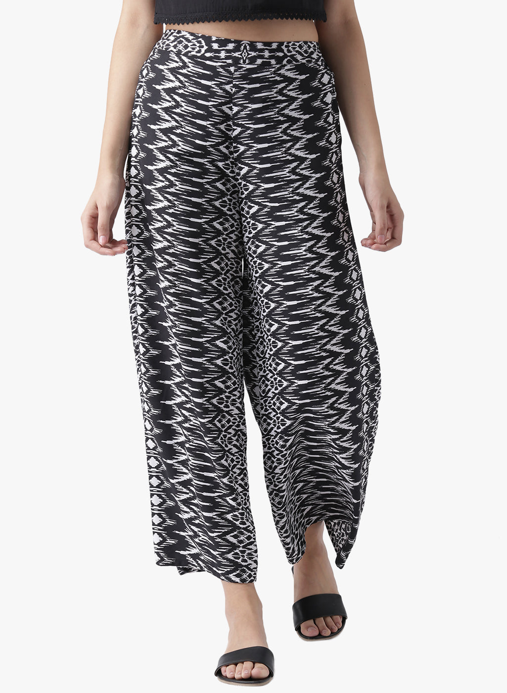 Black and White Ikat Printed Palazzo Pants for Women