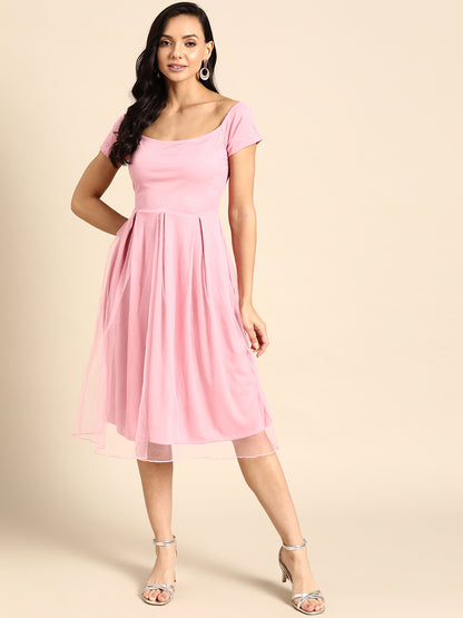 Elegant Pink Midi Dress for Women | Short Sleeve Fit and Flare Party Wear Outfit