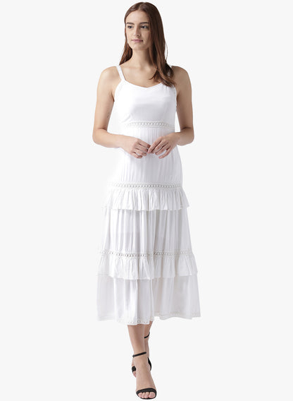 Women's White Tiered Sleeveless Midi Dress with Lace Detail