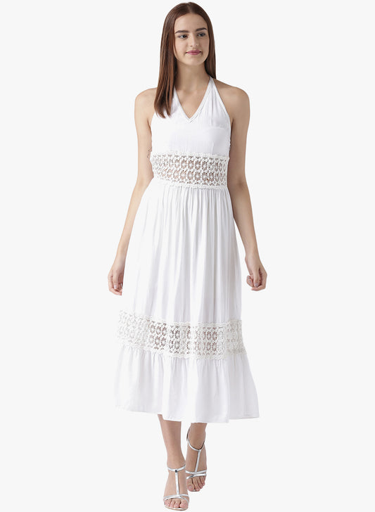 Women's White Halter Neck Midi Dress with Crochet Lace Detailing