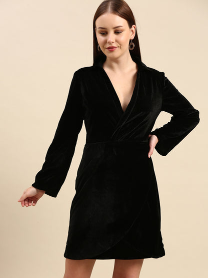 Black Velvet Wrap Dress - Long Sleeve, V-Neck, Elegant Fit