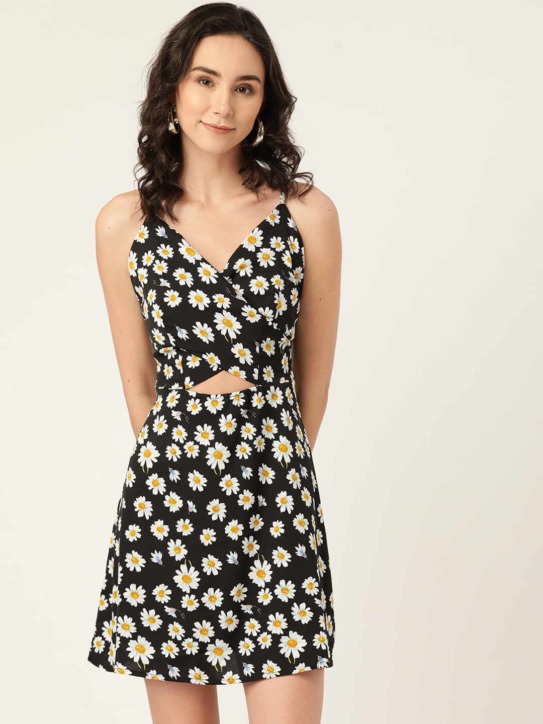 Black Daisy Print Cut-Out Mini Dress