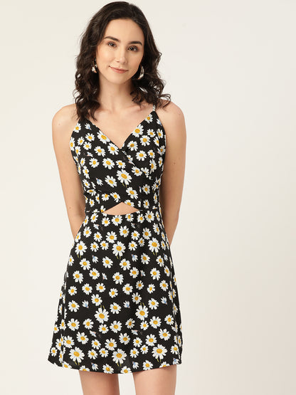 Black Daisy Print Cut-Out Mini Dress