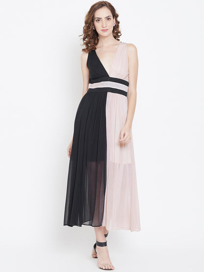 Sleeveless V-Neck Midi Dress in Black and Blush