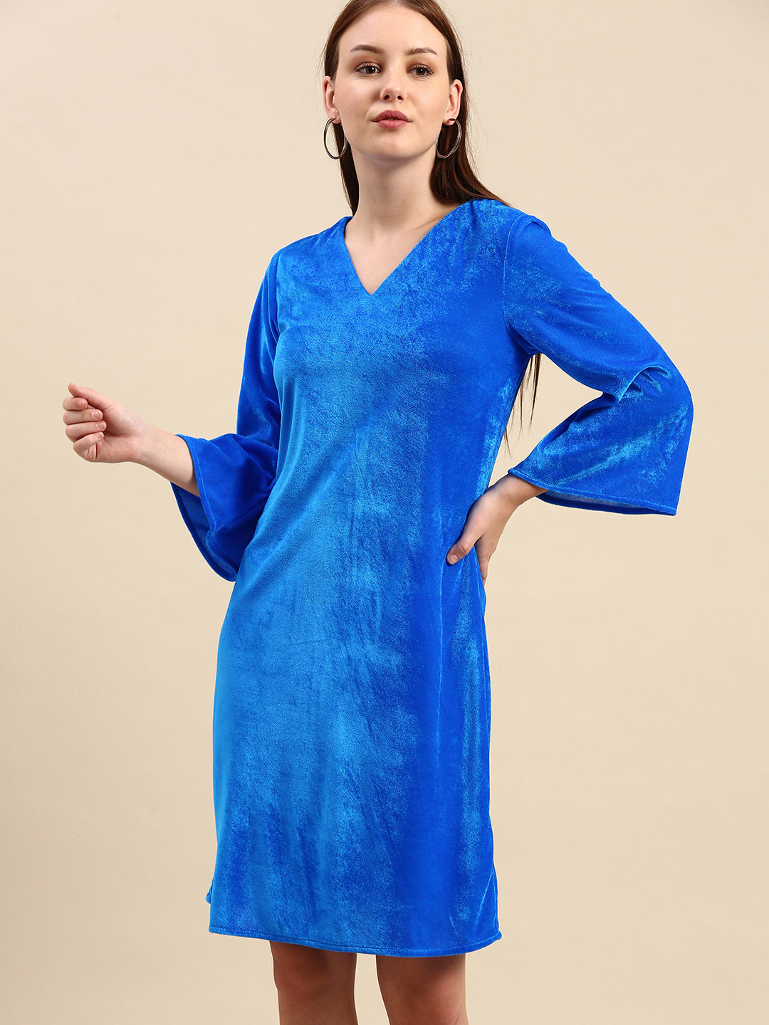 Royal Blue Velvet Dress - V-Neck, Bell Sleeves, Knee Length
