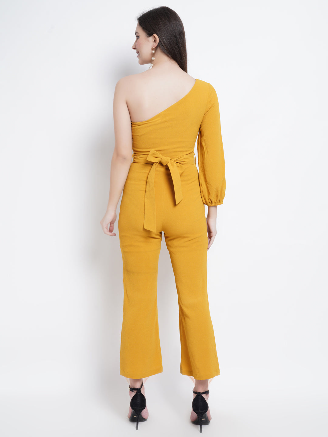 Mustard Yellow One-Shoulder Jumpsuit with Slit Sleeve – Elegant Party Wear