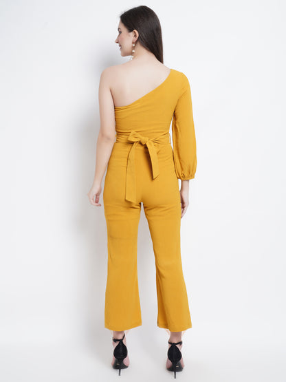 Mustard Yellow One-Shoulder Jumpsuit with Slit Sleeve – Elegant Party Wear