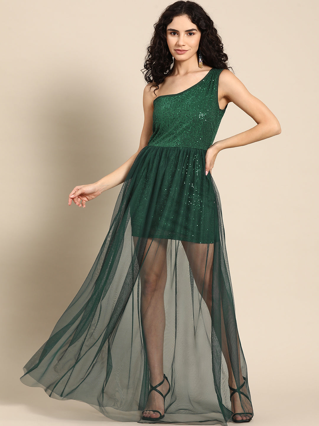 Emerald Green One-Shoulder Sequin Mesh Overlay Party Dress