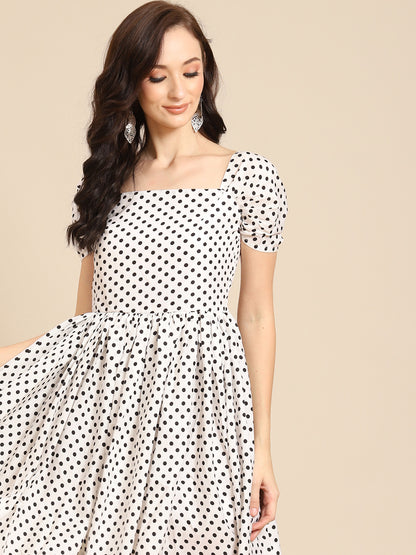 Vintage-Inspired Polka Dot Fit & Flare Dress for Women | Puff Sleeve Square Neck Dress