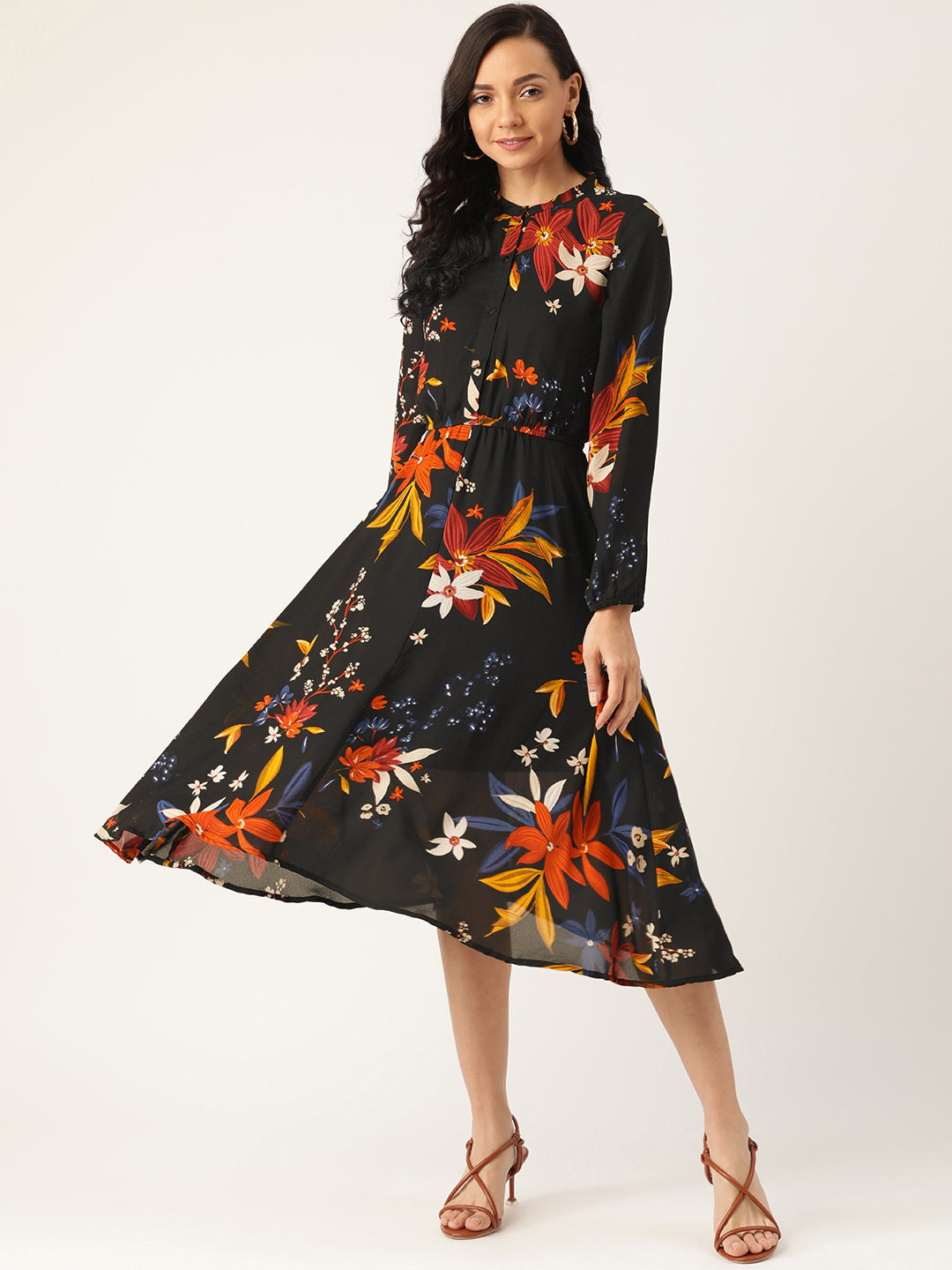 Women's Black Floral Midi Dress with Long Sleeves and Fit-and-Flare Design