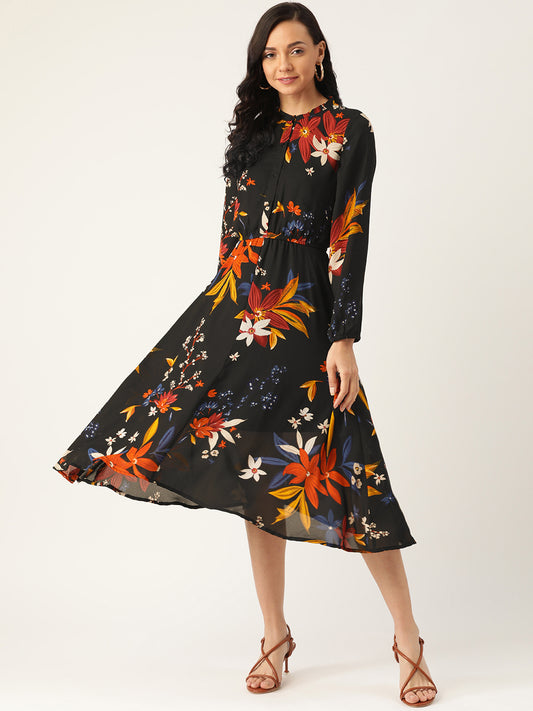 Women's Black Floral Midi Dress with Long Sleeves and Fit-and-Flare Design