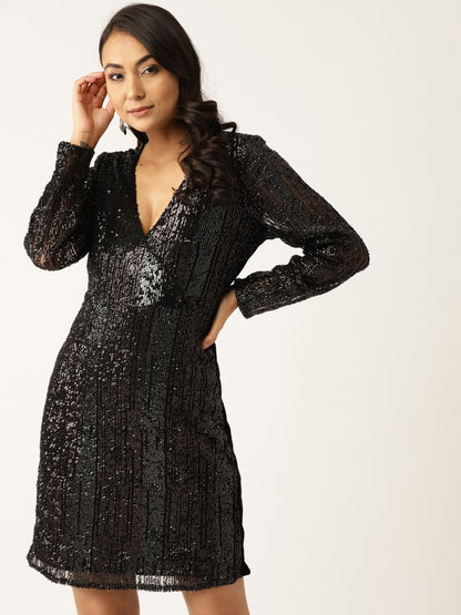 Black Sequin V-Neck Mini Dress with Long Sleeves – Glam Party Wear