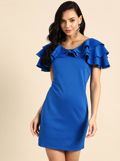 Royal Blue Ruffle Sleeve Bodycon Dress for Women | Elegant Party Wear Outfit