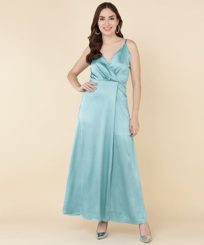 Glam Blue Satin Wrap Gown Dress for Evening Party