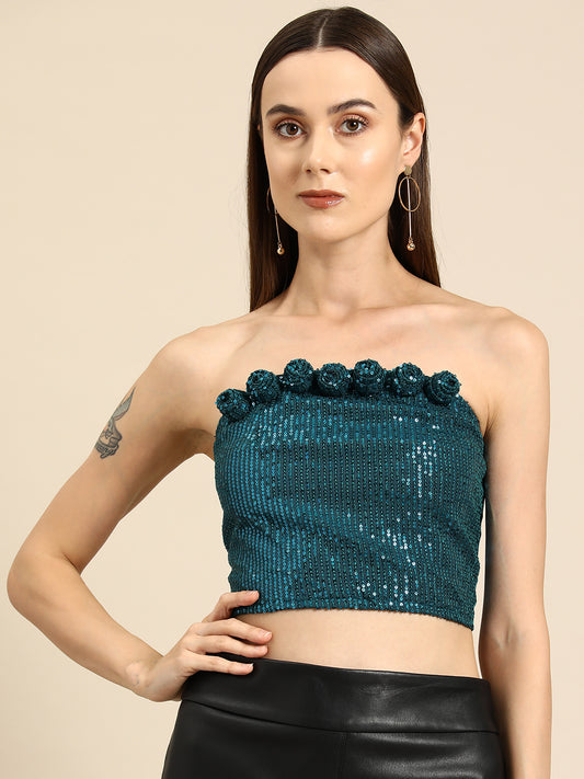 Teal Sequin Strapless Crop Top with Floral Detailing for Women