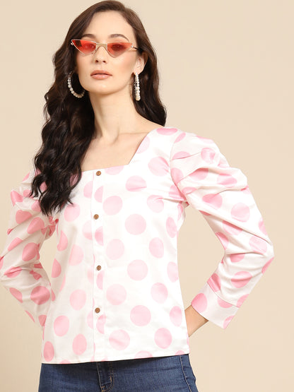 White and Pink Polka Dot Puff Sleeve Top for Women | Trendy Button Down Blouse