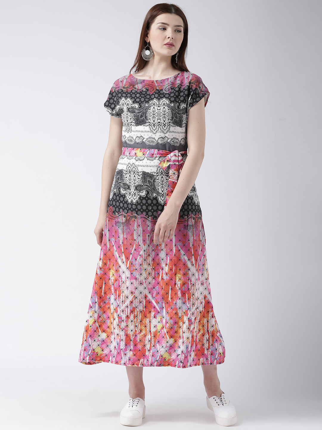 Women's Multicolor Printed A-Line Midi Dress with Belt