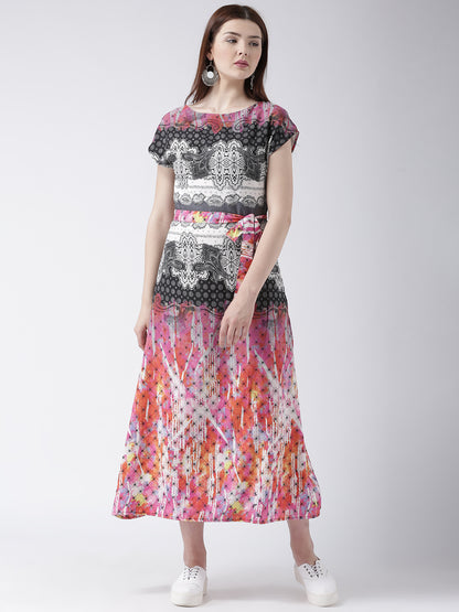 Women's Multicolor Printed A-Line Midi Dress with Belt