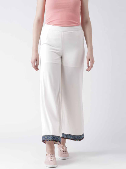 Women's White Wide-Leg Trousers with Embroidered Hem – Casual Ethnic Cotton Pants