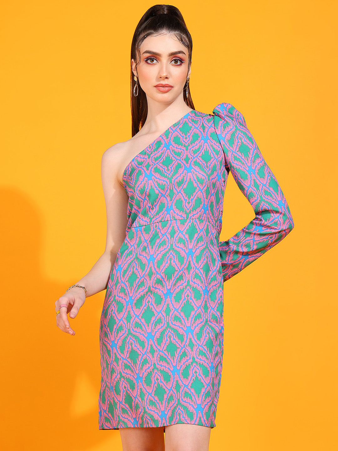 Women's One Shoulder Printed Bodycon Dress with Puff Sleeve – Party Wear
