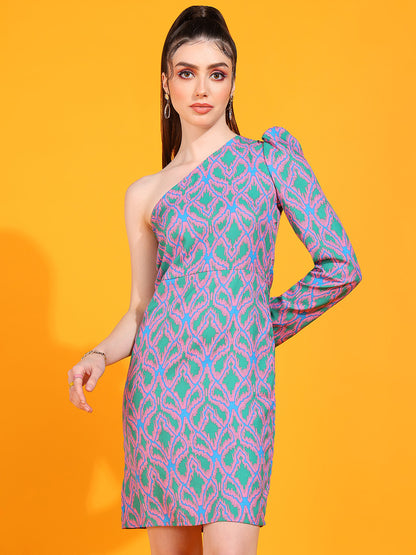 Women's One Shoulder Printed Bodycon Dress with Puff Sleeve – Party Wear