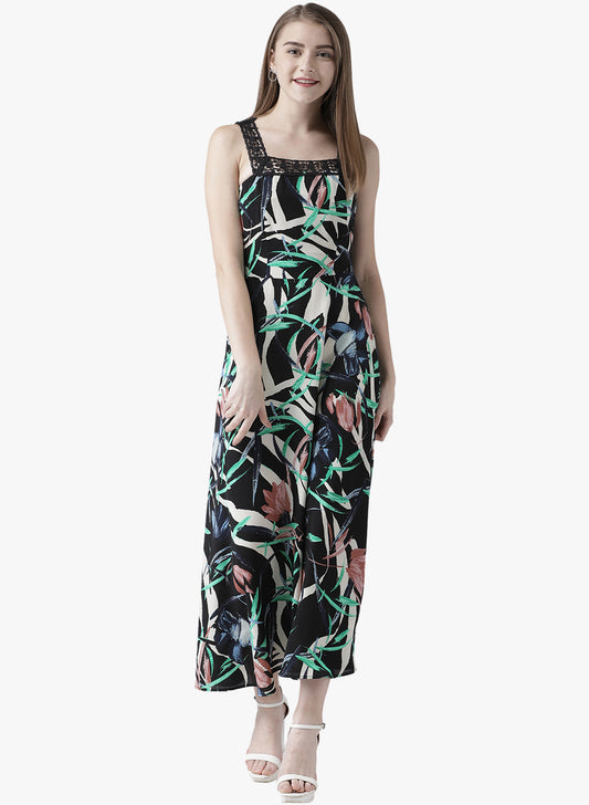 Women's Black Floral Printed Sleeveless Maxi Dress with Lace Strap