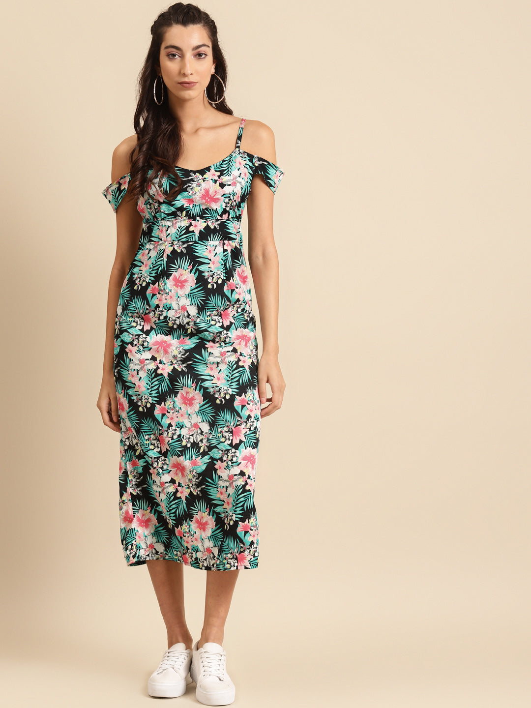 Women Black Floral Print Cold Shoulder Midi Dress