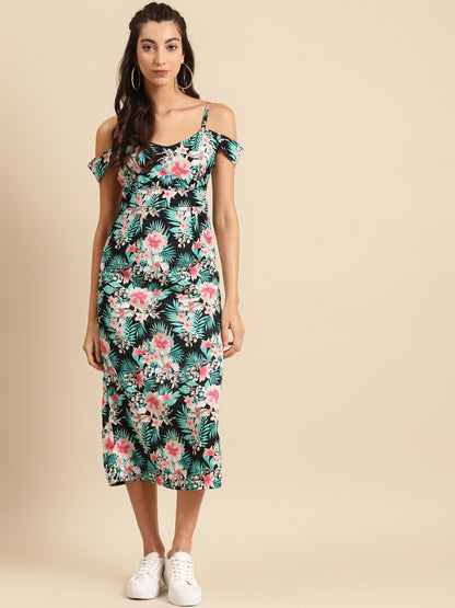 Women Black Floral Print Cold Shoulder Midi Dress