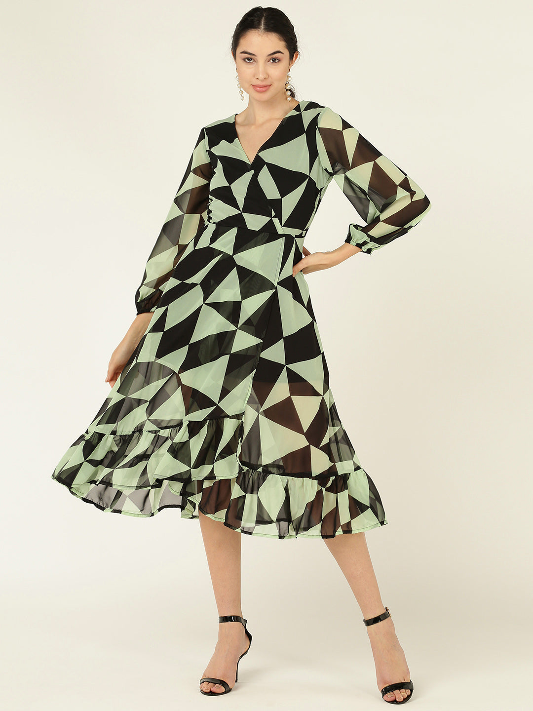 Geometric Print V-Neck Midi Dress with Ruffle Hem & Sheer Sleeves