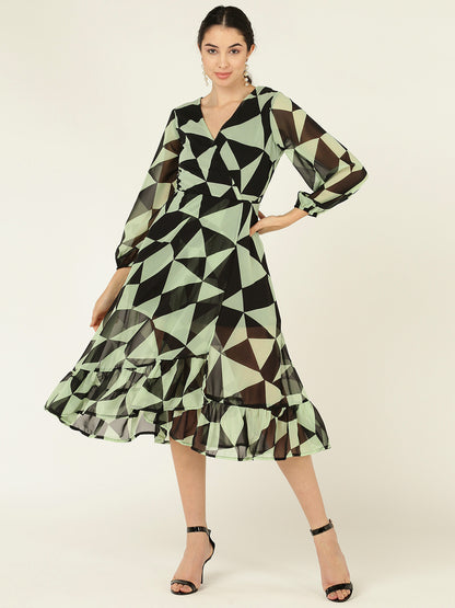 Geometric Print V-Neck Midi Dress with Ruffle Hem & Sheer Sleeves