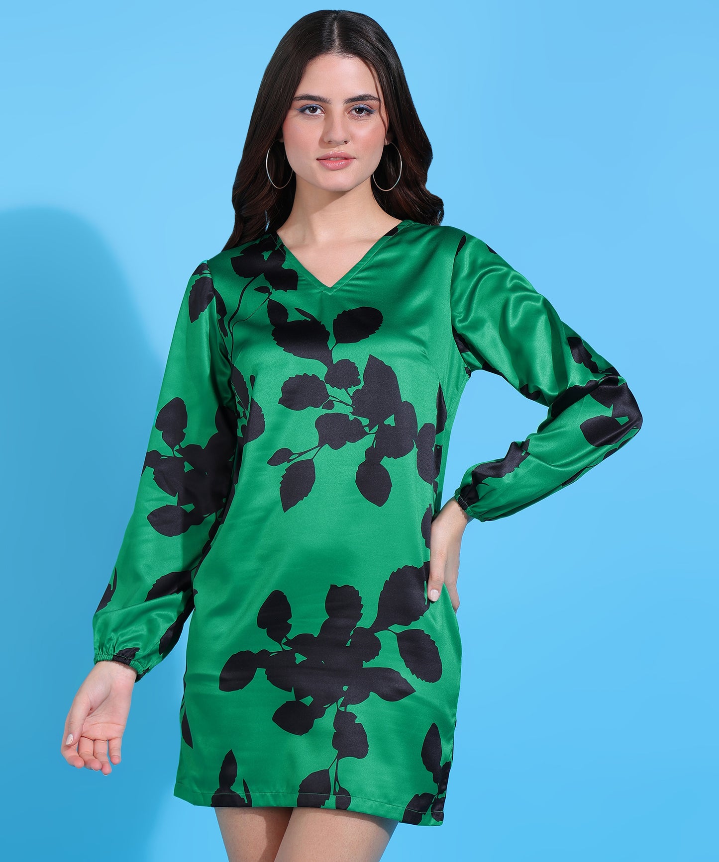 Women's Green Satin Mini Dress with Black Leaf Print and Long Sleeves