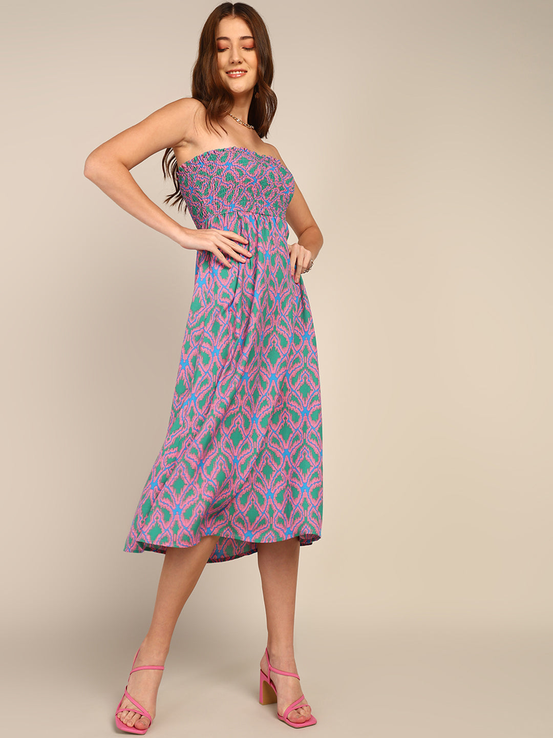 Pink and Green Smocked Strapless Midi Dress for Women