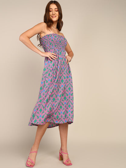 Pink and Green Smocked Strapless Midi Dress for Women