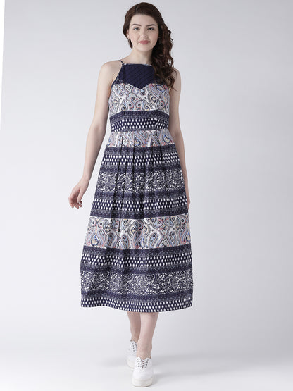 Women's Blue Ethnic Print Sleeveless High Neck Midi Dress