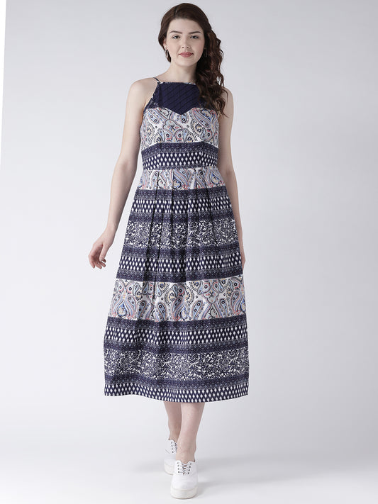 Women's Blue Ethnic Print Sleeveless High Neck Midi Dress