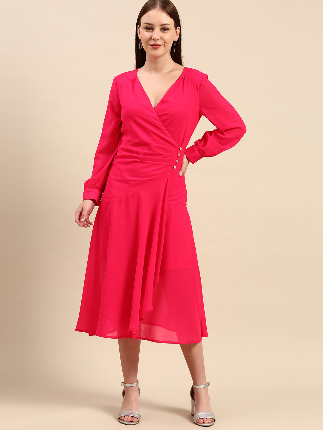 Pink Wrap Midi Dress - Long Sleeve, V-Neck, Button Detail