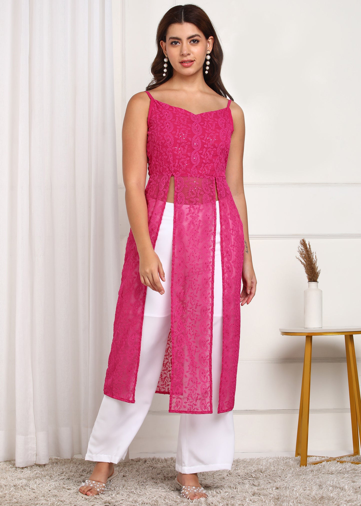 Women's Pink Lace Long Kurti | Stylish Party Wear Set