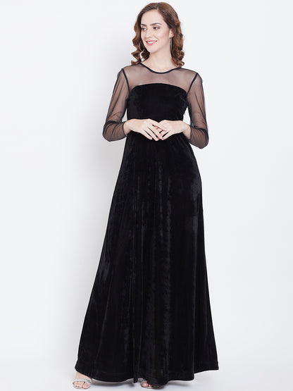 Black Floor Length Gown with Sheer Net Yoke and Sleeves