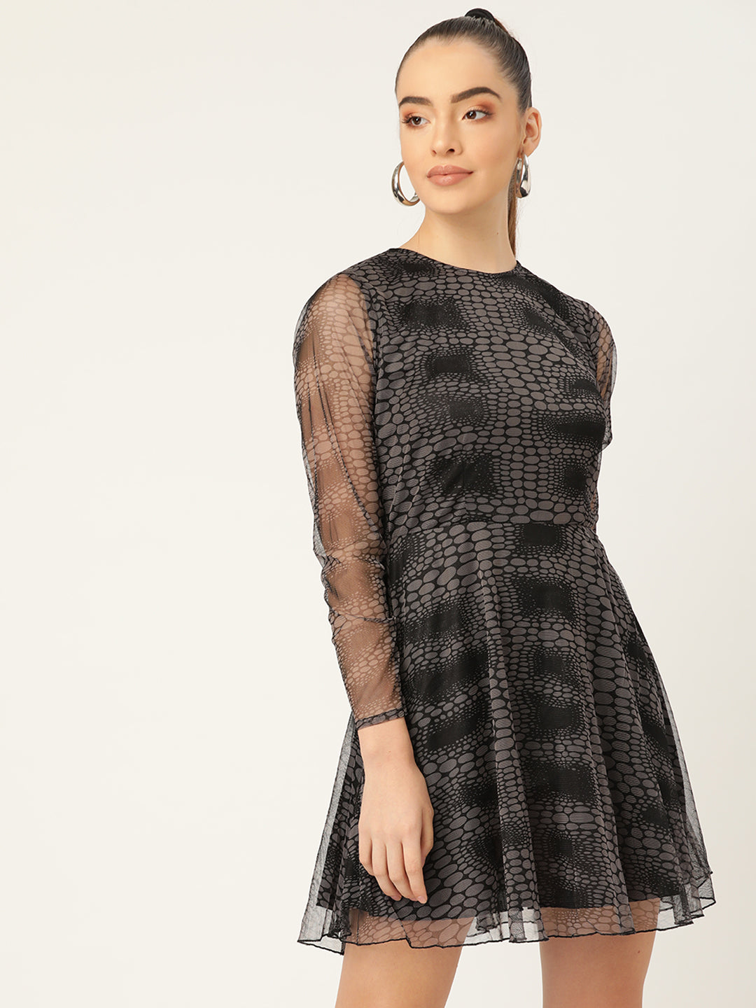Chic Black Mesh Fit & Flare Mini Dress for Women – Long Sleeve Party & Evening Wear
